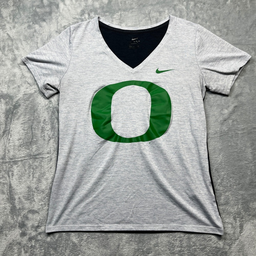 Nike Oregon Ducks T-Shirt Womens Large Grey Black Dri-FIT V-Neck Athletic Tee